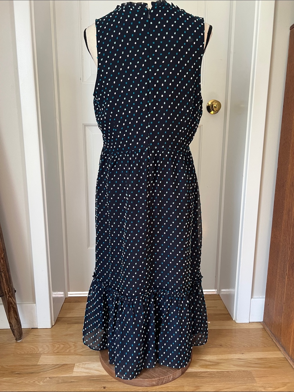 Loft Outlet Navy Blue, Sleeveless Midi Dress, White/Teal Clip Dot, Lined, Sz 12 - Picture 2 of 9